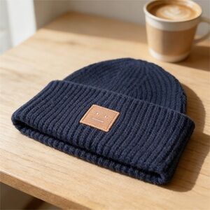 Acne Navy Ribbed Knit Beanie with Leather Patch